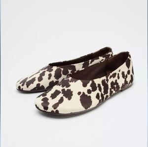 NWT Zara Satin Cow Animal Print Fabric Ballet Flats in Beige/Brown - 8